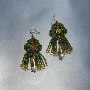 Green Beaded Earrings with Gold Accents